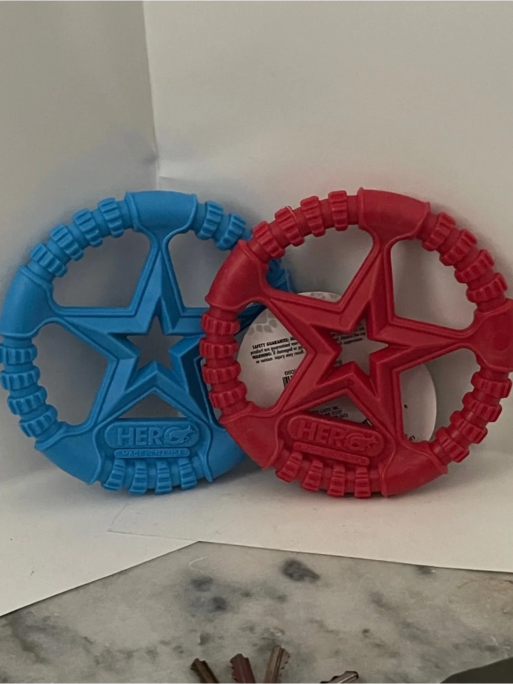 HERO 2 Dogs Durable Nylon Chew Ring Toy  - Red and Blue 6” ea
